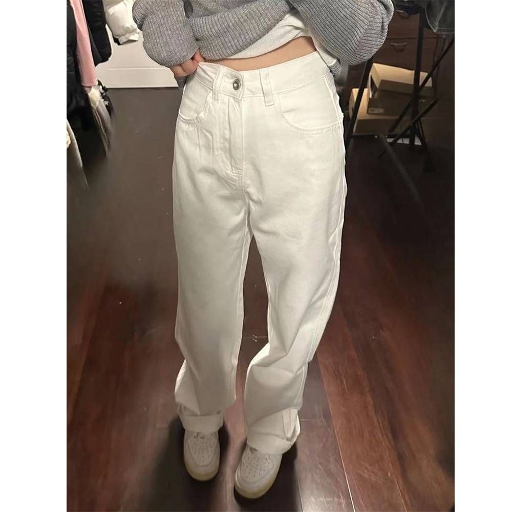 Men's High Street White Jeans - Loose Fit Straight Leg Wide Trousers For Summer, Casual & Stylish_mkmklike.com