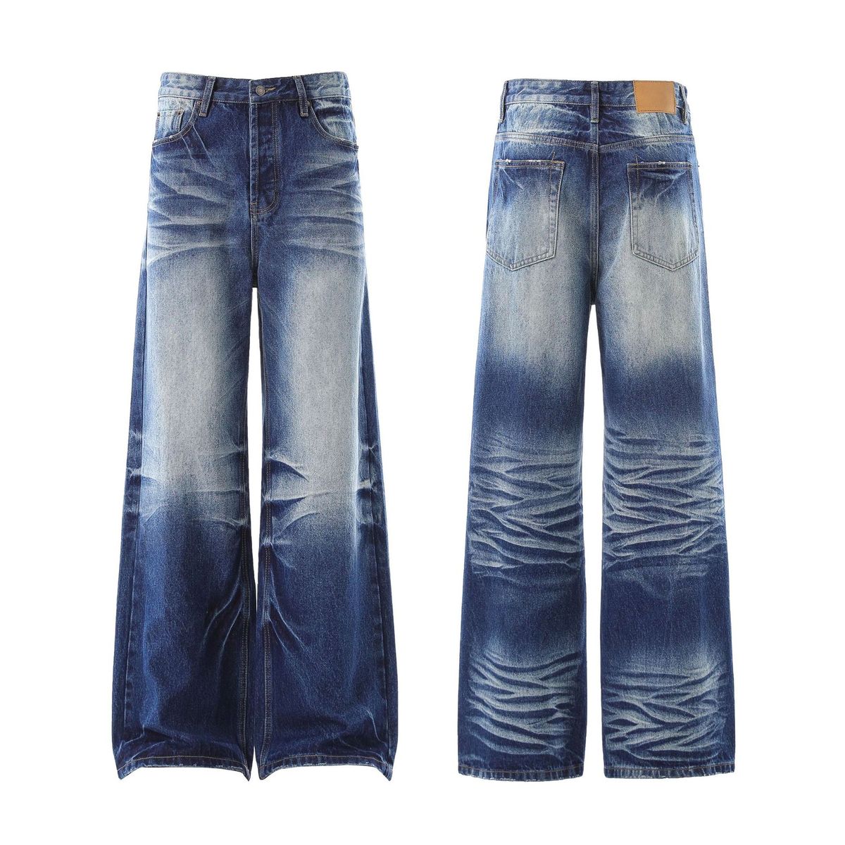 Men's Clothing American High Street Unisex Retro Men's Punk Street Distressed 3D Digital Print Jeans - Washed Vintage Wide Leg Straight Denim Pants_mkmklike.com