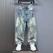 Men's Distressed Paint-Splatter Jeans – Vintage Washed Blue Relaxed Straight-Leg Denim With Knee Rips & Artistic Splashes (Sizes 28-36)_mkmklike.com