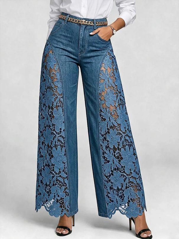 Women's Washed Denim Lace Patchwork Long Jeans Style Relaxed Everyday Wear Versatile Comfortable Feshion Trend_mkmklike.com