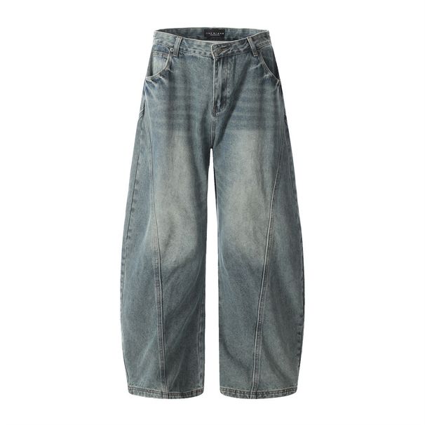 American Style Washed Denim Scimitar Men's Trendy Cargo Deconstructed Split Spliced Sickle Loose Wide-Leg Long Pants_mkmklike.com