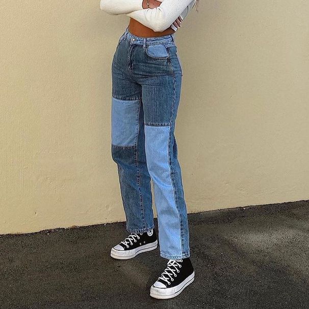 Women's Clothing New Street Hip Hop Contrast Color Patchwork Casual Jeans On Sale_mkmklike.com