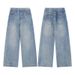 TKPA American High Street Crease Distressed Washed White Jeans Men Loose Trendy Straight Wide Leg Floor-Length Pants_mkmklike.com
