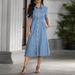 218665 Women's New Denim Collar Short Sleeved Cardigan With A Cinched Waist And Fitted Dress_mkmklike.com