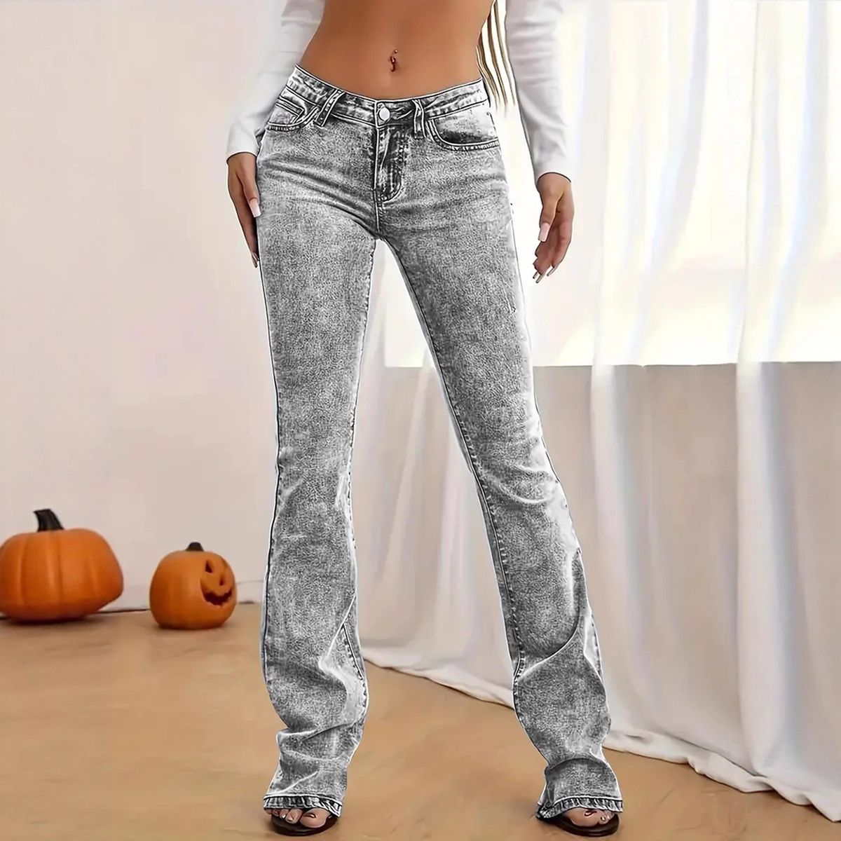 Gray Slim Fit Stretch Denim Jeans Minimalist Style Slightly Flared Long Pants Versatile Washed European American_mkmklike.com