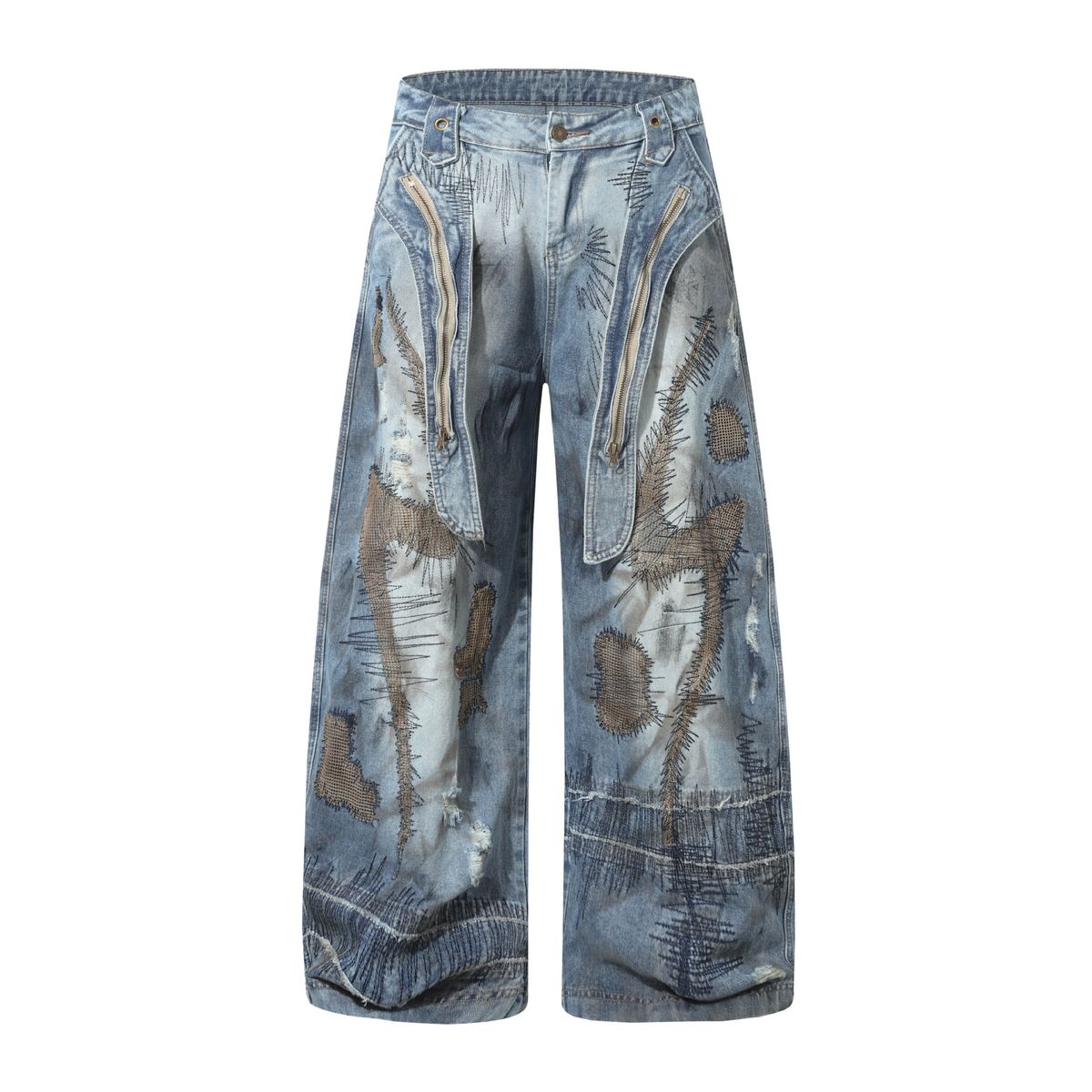 Men's Clothing 2025 New American High Street RO Style Heavy Washed Special Shaped Scimitar Jeans Wide Leg Pants_mkmklike.com