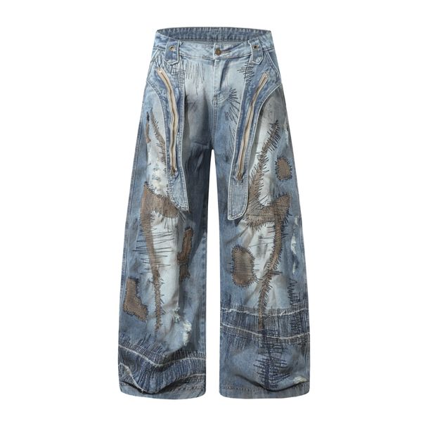 Men's Clothing 2025 New American High Street RO Style Heavy Washed Special Shaped Scimitar Jeans Wide Leg Pants_mkmklike.com