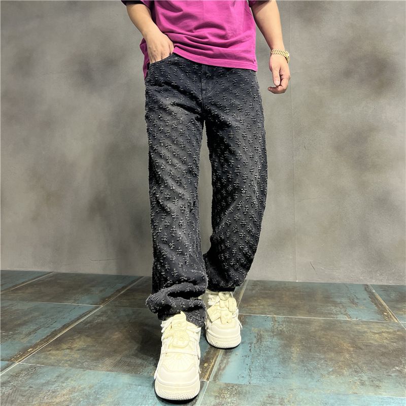 Men's Clothing hiphop pants high street ins trendy brand jacquard full print design jeans men's loose wide leg pants trend_mkmklike.com