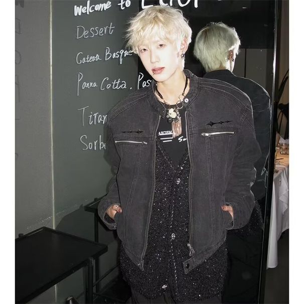 American Style Vintage Washed Shoulder Padded Denim With Men's Design Sense, Street Clean Fit Jacket_mkmklike.com