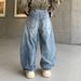 Vintage Distressed Bamboo Knot Wide Leg Jeans For Men & Women – Retro Blue Relaxed Fit High Waist Straight Denim Pants_mkmklike.com