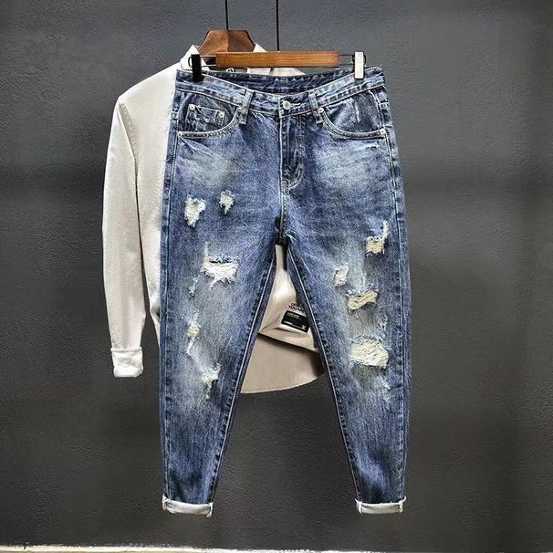 Men's Clothing Ripped Nine Point Jeans For Men Summer Thin Style Trendy Brand Slim Fit Skinny Korean Style Trendy Spring And Autumn Pants_mkmklike.com