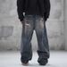 Men's Vintage Loose Straight-Leg Distressed Graffiti Jeans In Antique Bronze Wash Breathable Comfort_mkmklike.com