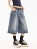 Men's Clothing Retro Washed Old Lightning Pattern Three Quarter Denim Shorts Loose Straight Wide Leg Mid Length Pants_mkmklike.com
