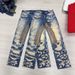 High Street Men's Blue Jeans 3D Printed Applique Stitching Stretch Slim Fit Long Pants_mkmklike.com