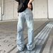 Men's Clothing Unisex Distressed Denim Jeans With Pearl Embellishments – Oversized Straight-Leg Pants (L-XXXL) | Vintage Washed Blue/Black_mkmklike.com