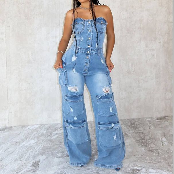 Women's Clothing Casual Fashion Tube Top Women's Slim Denim Jumpsuit Overalls_mkmklike.com