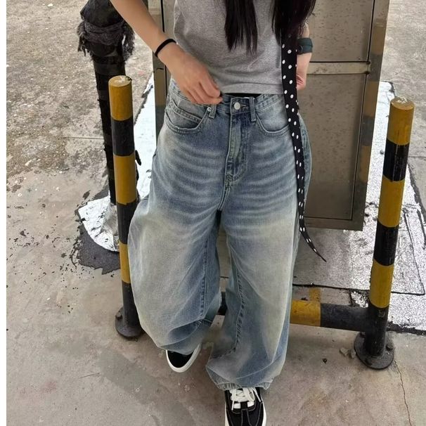 Vintage Washed Blue Denim Jeans For Men & Women - Relaxed Fit Straight Leg Casual Trousers With Ripple Effect_mkmklike.com