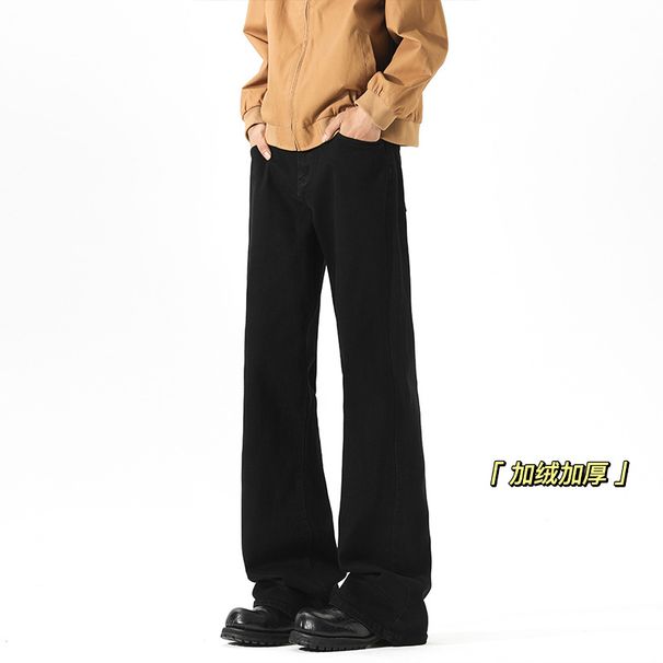 Black Stretchy Curved Hem Jeans For Men, Autumn And Winter, Fleece-lined, American High Street Vibe Pants, Straight_mkmklike.com