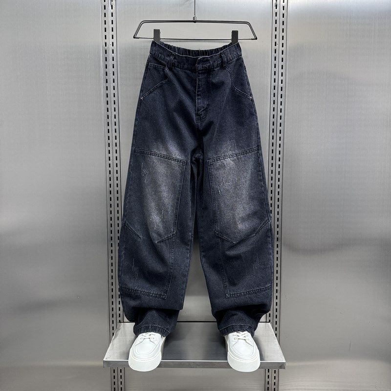 Men's Streetwear Patchwork Cargo Jeans – Oversized Straight-Leg Denim Pants With Utility Pockets & Washed Finish_mkmklike.com