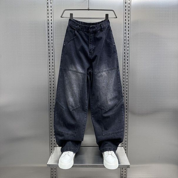 Men's Streetwear Patchwork Cargo Jeans – Oversized Straight-Leg Denim Pants With Utility Pockets & Washed Finish_mkmklike.com
