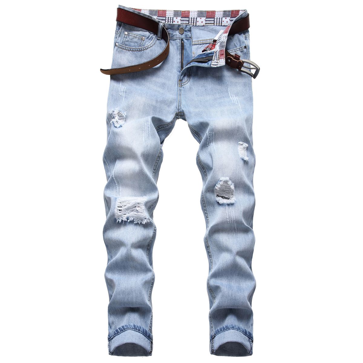 Men's Clothing High Street Pure Cotton Ripped Men's Jeans Beggar Pants Fried Bleached Small Straight Light Blue Jeans_mkmklike.com
