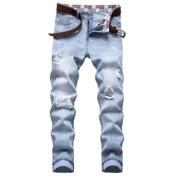 Men's Clothing High Street Pure Cotton Ripped Men's Jeans Beggar Pants Fried Bleached Small Straight Light Blue Jeans_mkmklike.com