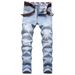 Men's Clothing High Street Pure Cotton Ripped Men's Jeans Beggar Pants Fried Bleached Small Straight Light Blue Jeans_mkmklike.com