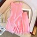 Women's Pink Tassel Knitted Small Camisole + High Waist Wide Leg Casual Shorts_mkmklike.com
