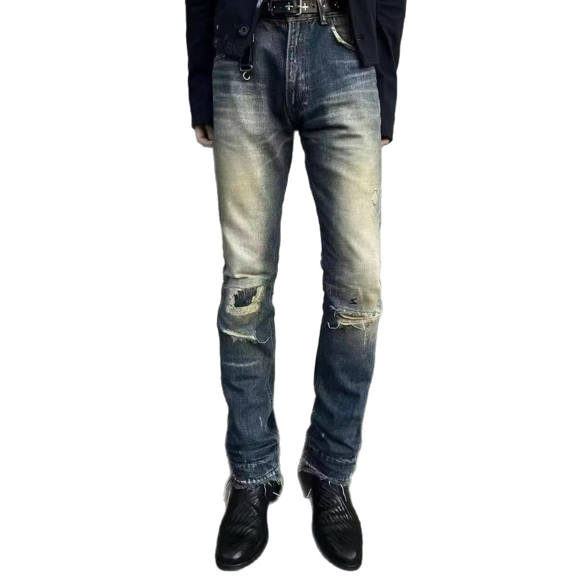 HME Men's Distressed Ripped Jeans Slim Fit Stretch Straight Leg Long Pants American High Street Style European And American Cross Border Exclusive_mkmklike.com