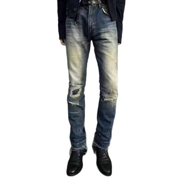 HME Men's Distressed Ripped Jeans Slim Fit Stretch Straight Leg Long Pants American High Street Style European And American Cross Border Exclusive_mkmklike.com