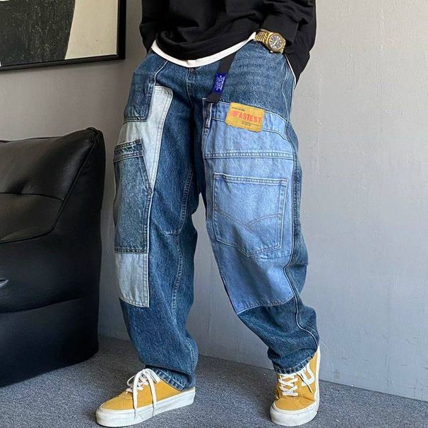 Men's Heavyweight Denim Jeans With Edgy Patches, Relaxed Straight Leg Fit For Casual Street Style_mkmklike.com