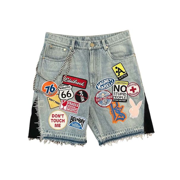 Men's Shorts Youth Trend Personalized Design Fashionable Patchwork Embroidered Waste Earth Style High Street Shorts_mkmklike.com