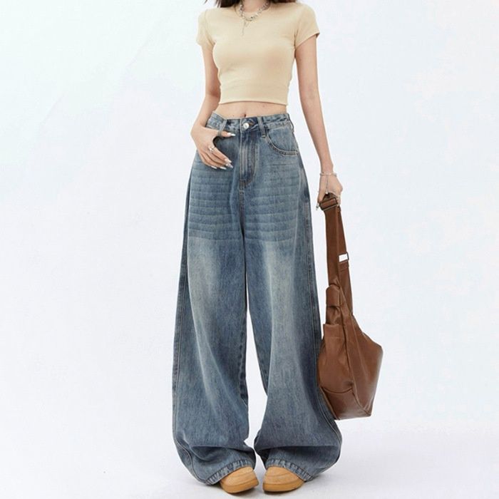 Retro High-waisted Wide-leg Jeans For Women, 2026 New Style, Loose Fit, Slimming, Casual, Drapey, Straight-leg,_mkmklike.com