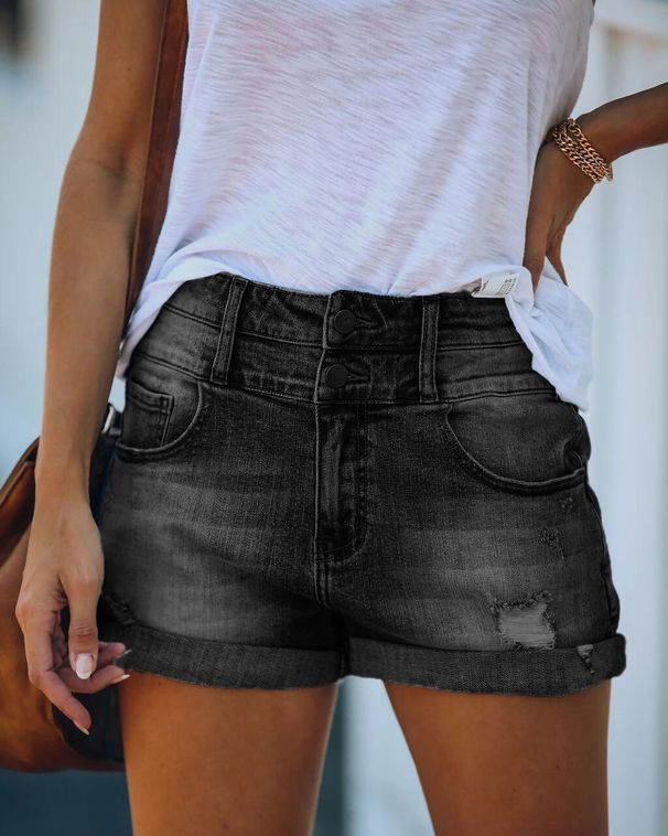 Women's High-Waisted Denim Shorts, Distressed Frayed Hem Raw Edge Shorts, High Stretch Comfort Straight Leg Shorts For Women_mkmklike.com