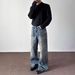 Men's American Style Washed Distressed Wide Leg Jeans Blue Loose Fit Straight Leg Casual Trousers_mkmklike.com