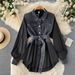 Women's Clothing Polo Collar Denim Two-piece Long-sleeved Shirt With A Niche Mid-length Waist And Chic Top_mkmklike.com