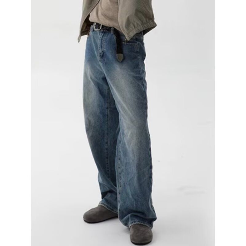 Men's Trendy Retro Patchwork Washed Distressed Blue Straight Leg Jeans Loose Fit Wide Leg Casual Trousers Stylish Design_mkmklike.com