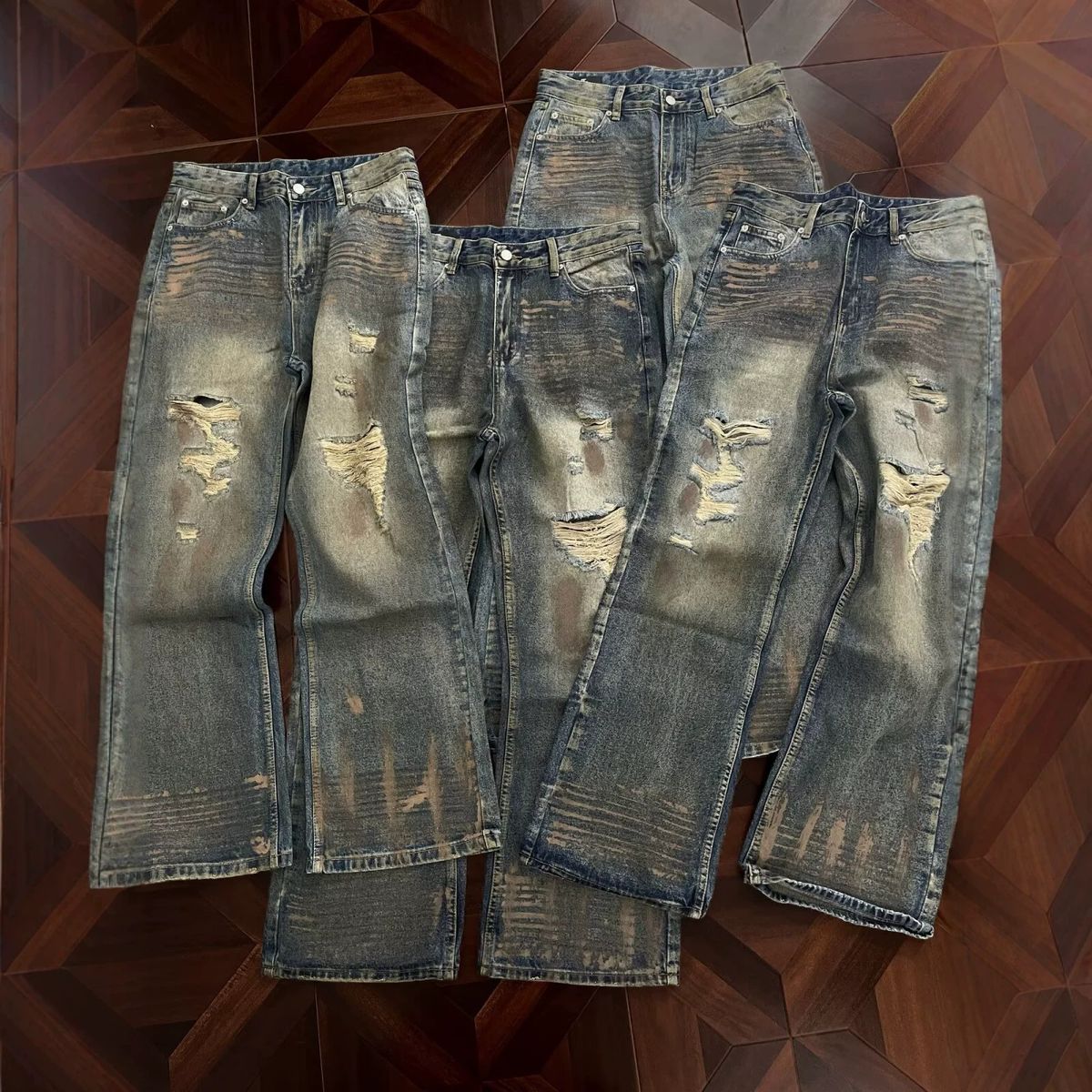 Retro Ripped Thin Jeans for Men American High Street Graffiti Trendy Loose Straight Leg Wide Leg Pants Design Conscious Cool And Stylish_mkmklike.com