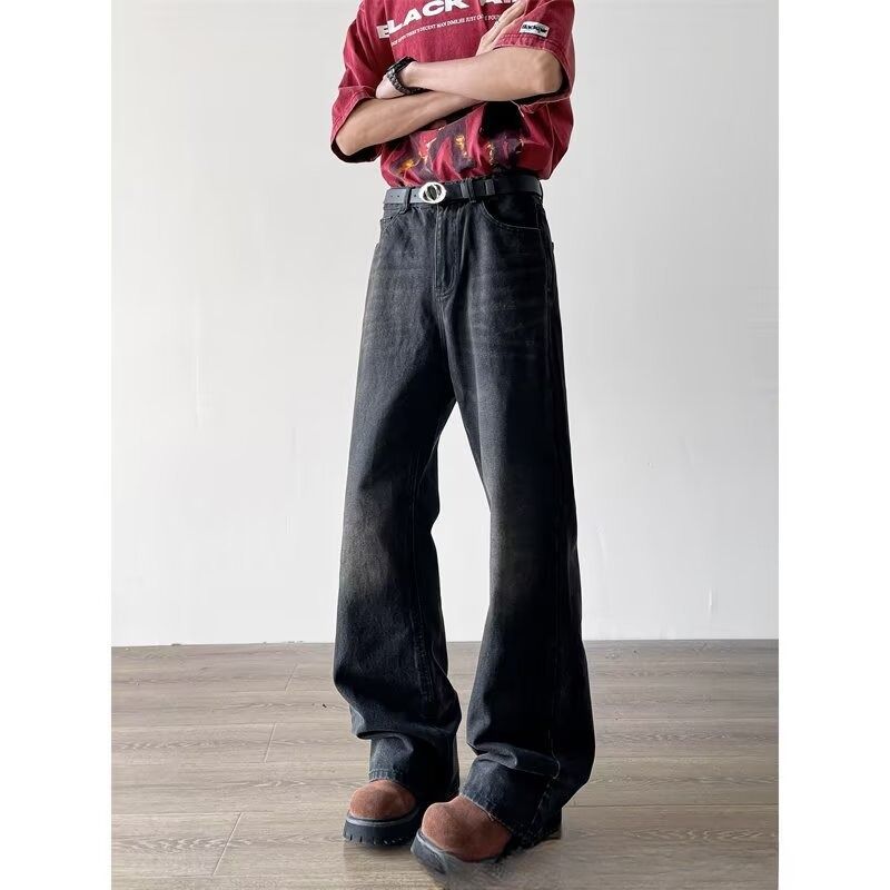 Men's Clothing Retro Washed Black Wide Leg Jeans Loose Fit Japanese Casual Style Unisex Straight Leg Design Trousers American High Street Versatile_mkmklike.com