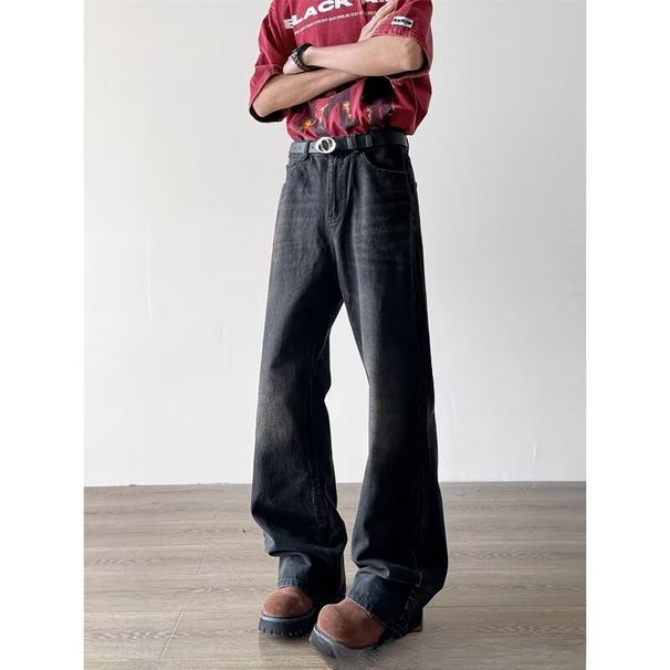 Men's Clothing Retro Washed Black Wide Leg Jeans Loose Fit Japanese Casual Style Unisex Straight Leg Design Trousers American High Street Versatile_mkmklike.com