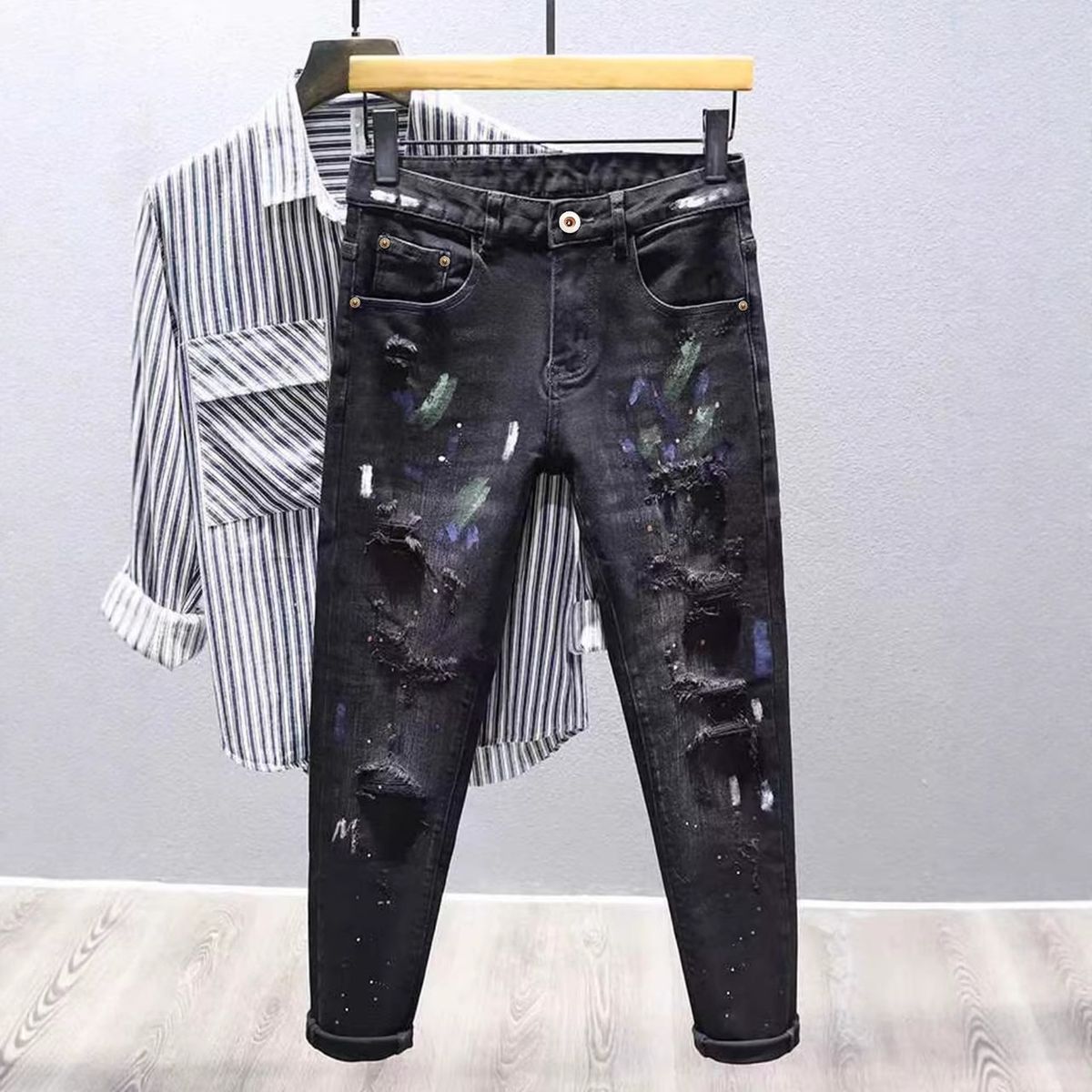 Men's Trendy Ripped Skinny Jeans European American Style Cross Border Ink Splatter Paint Stretchy Slim Fit Denim_mkmklike.com