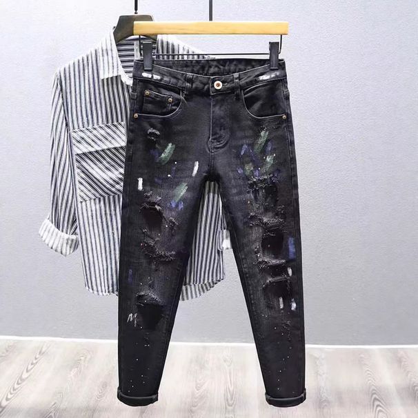 Men's Trendy Ripped Skinny Jeans European American Style Cross Border Ink Splatter Paint Stretchy Slim Fit Denim_mkmklike.com