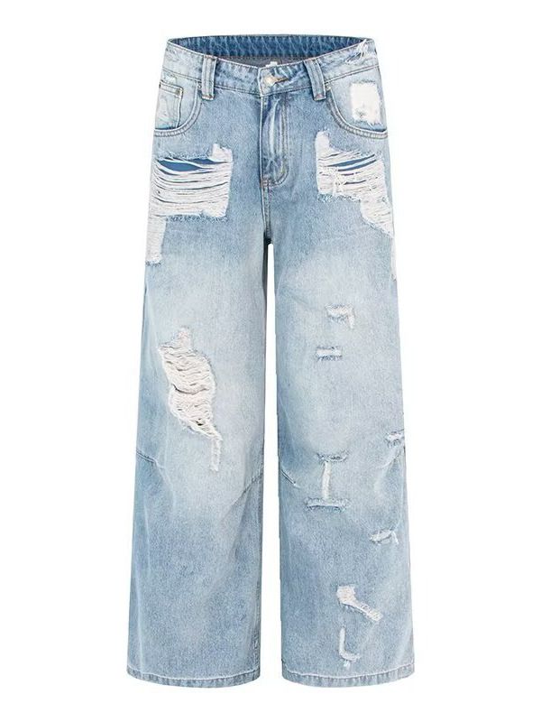 Summer 2027 Fashion European-USA Style Jeans Women Cotton Low Waist Broken Hole Vintage Do Old Washed Straight Type Denim Pants S-3XL_mkmklike.com