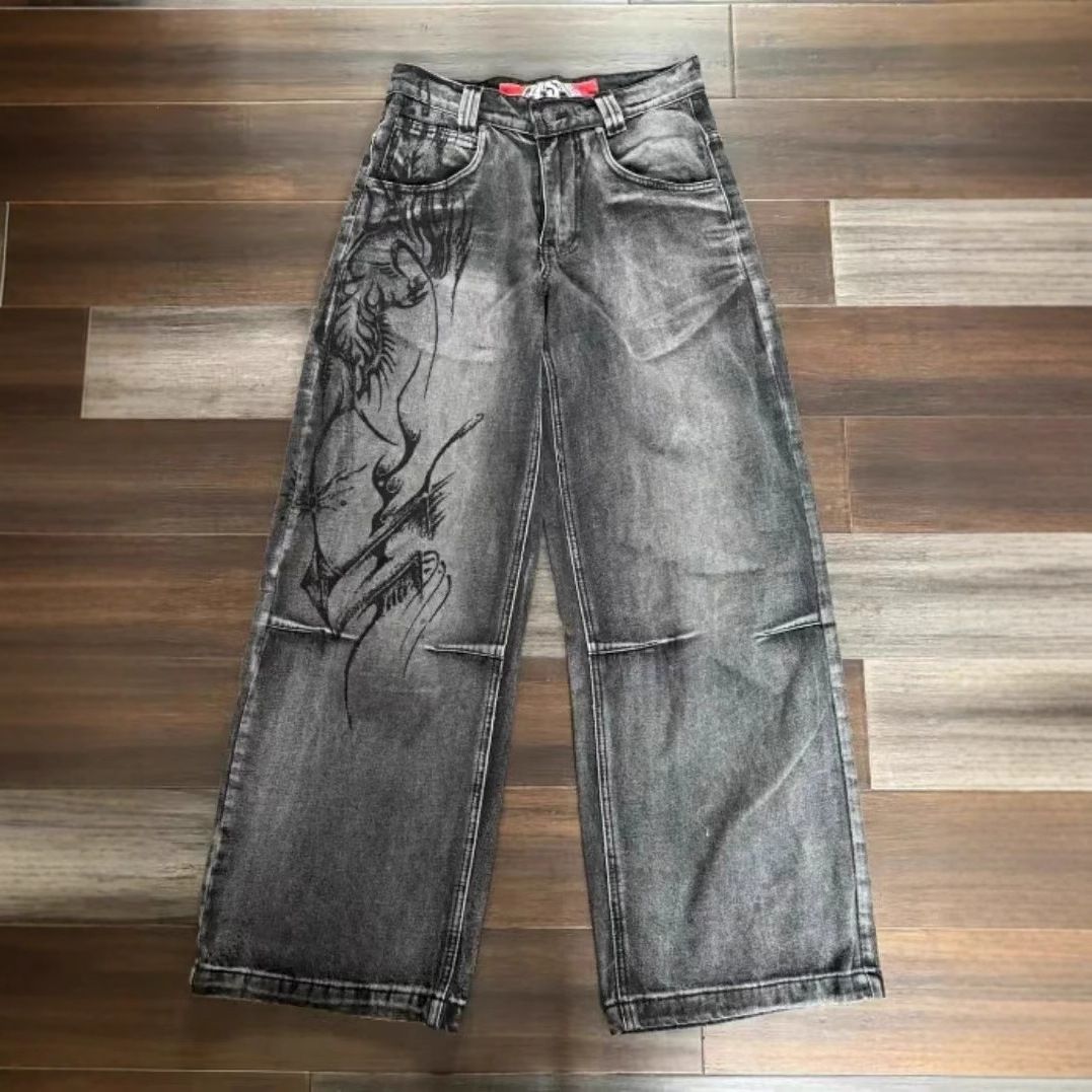 Men's Clothing Retro Distressed Washed Printed Jeans Men's High Street Niche Hip Hop Loose Wide Leg Jeans Trend_mkmklike.com