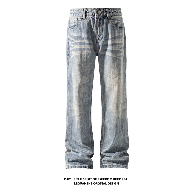 New Autumn Winter American-style Design Plus-size Vintage Bamboo Pattern Washed Flared Jeans, Loose Pants For Trendy Men_mkmklike.com