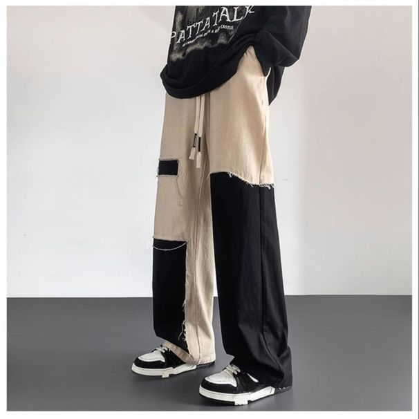 Denim Pants – High Street Contrast Stitch Workwear Jeans (S-3XL, Cotton, Straight-Leg, Asymmetrical Black/White Design)_mkmklike.com
