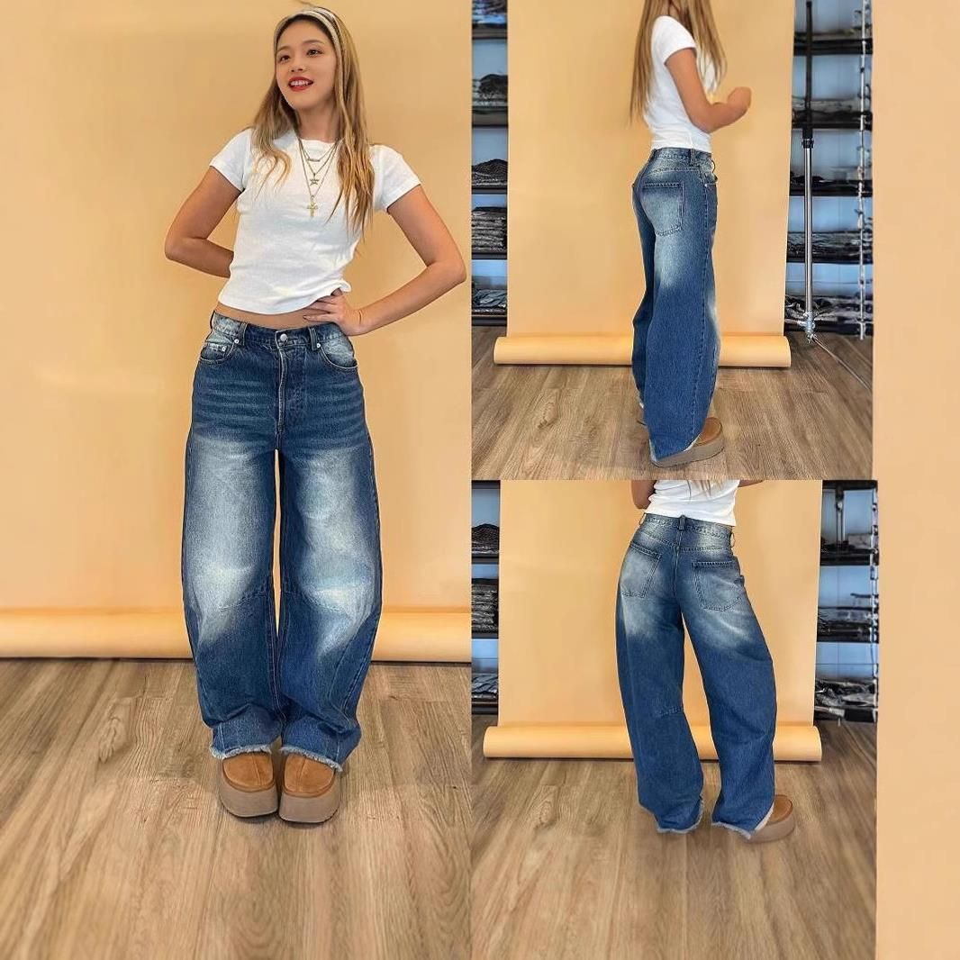 Women's Clothing Retro Long Pants Loose Fit Women's Wide-Leg Flared Jeans – Vintage High-Waisted Denim Pants With Embellished Rhinestones (Dark Blue)_mkmklike.com