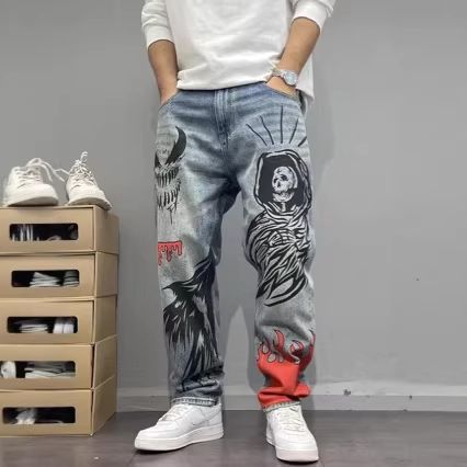 Men's Vintage Washed Distressed Graffiti Print Slim Tapered Jeans - High Street Urban Style Urban Graffiti Art_mkmklike.com