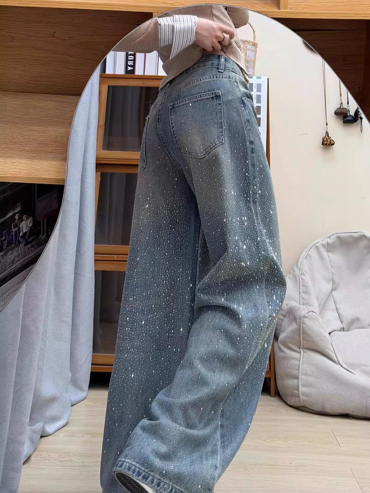 Stylish High-Waisted Flared Jeans For Women – Blue Distressed Denim With Rhinestone Embellishments, Comfortable Cotton Blend (S-2xl)_mkmklike.com