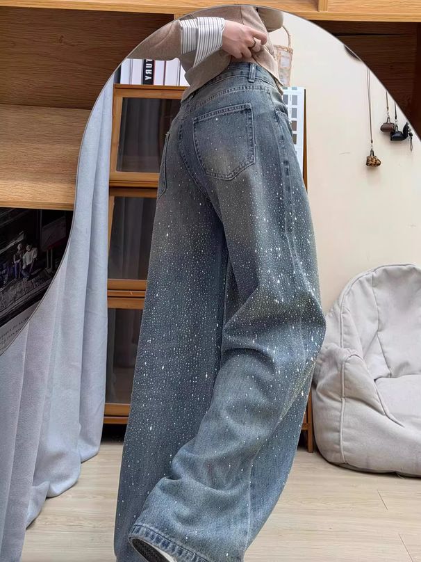 Stylish High-Waisted Flared Jeans For Women – Blue Distressed Denim With Rhinestone Embellishments, Comfortable Cotton Blend (S-2xl)_mkmklike.com